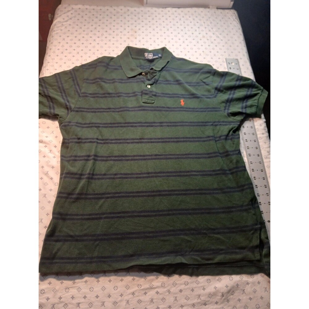 Vintage Ralph Lauren Mens Green Blue Striped Orange Pony Polo USA XL